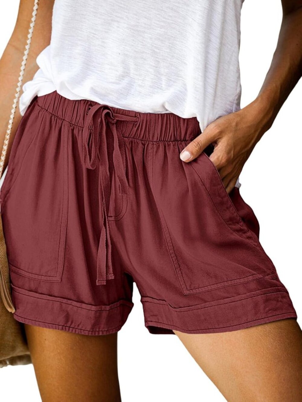 〽️Women's Casual Shorts Wine Red Drawstring Waist Lightweight with Pockets